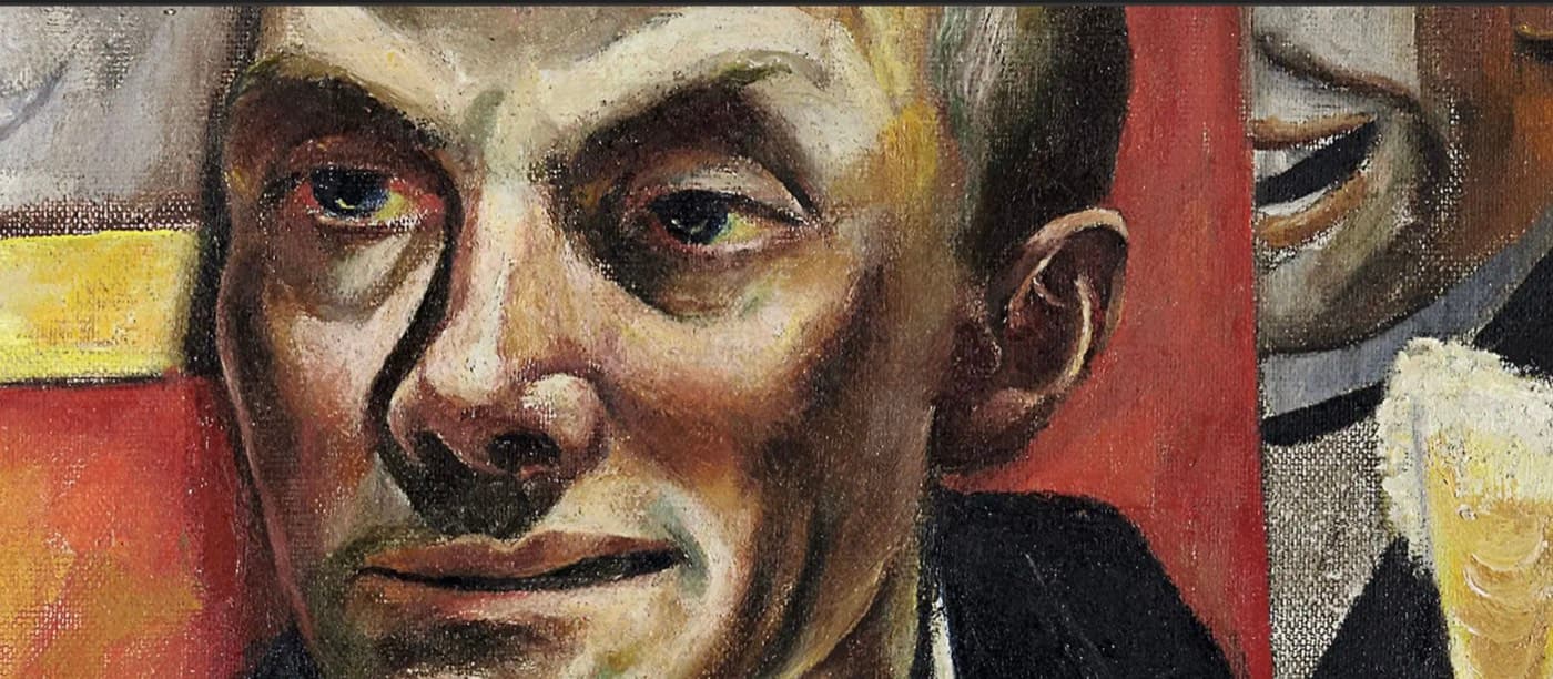 Ausschnitt aus Max Beckmanns Selbstbildnis: das Gesicht des Malers vor rotem Grund, rechts eine zweite Figur mit Sektglas