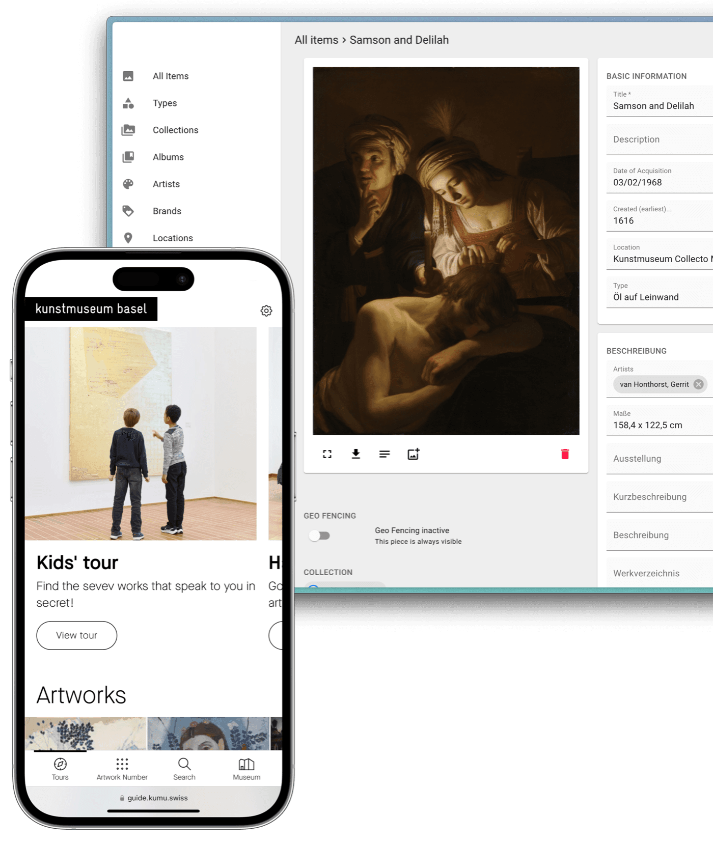 Eine digitale Sammlungsverwaltung am Bildschirm, davor die Museums-App des Kunstmuseums Basel auf einem Smartphone